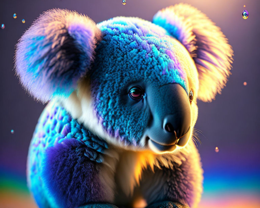 Colorful Koala Illustration with Neon Blue Fur and Shimmering Bubbles