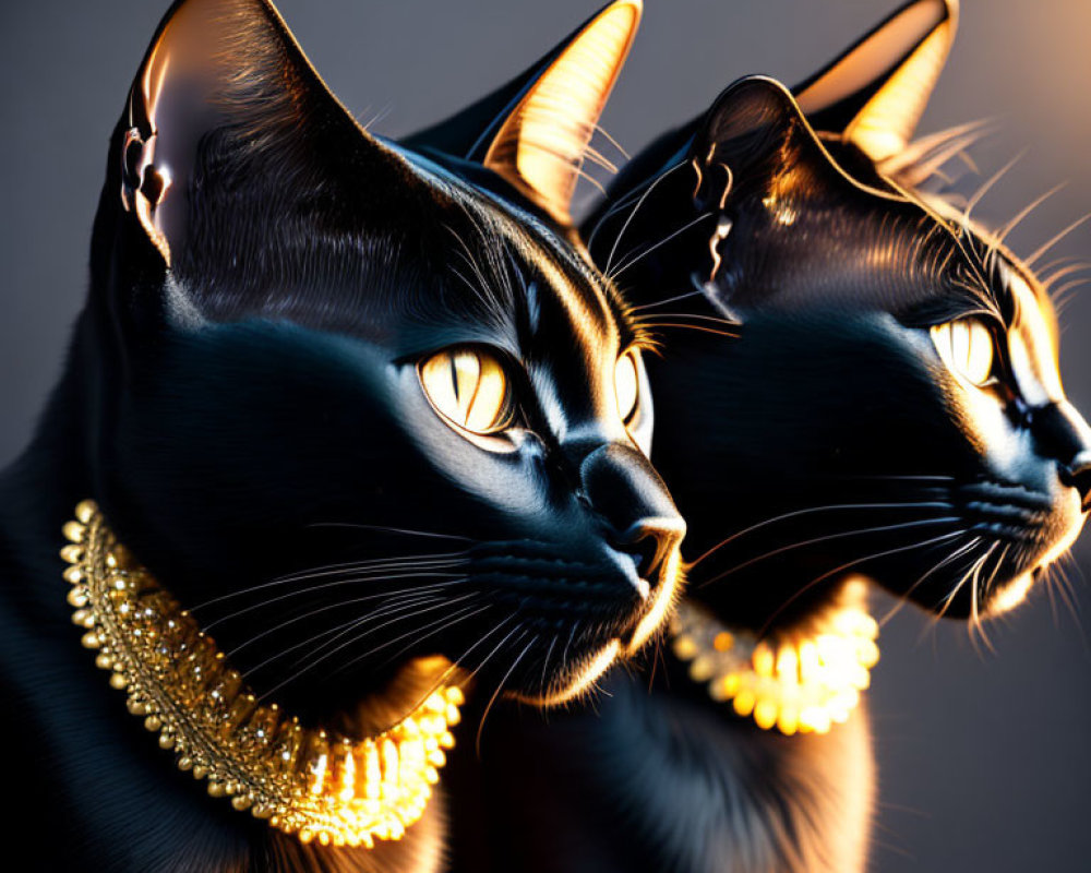 Glossy Black Cats with Golden Eyes and Gold Necklaces in Warm Light