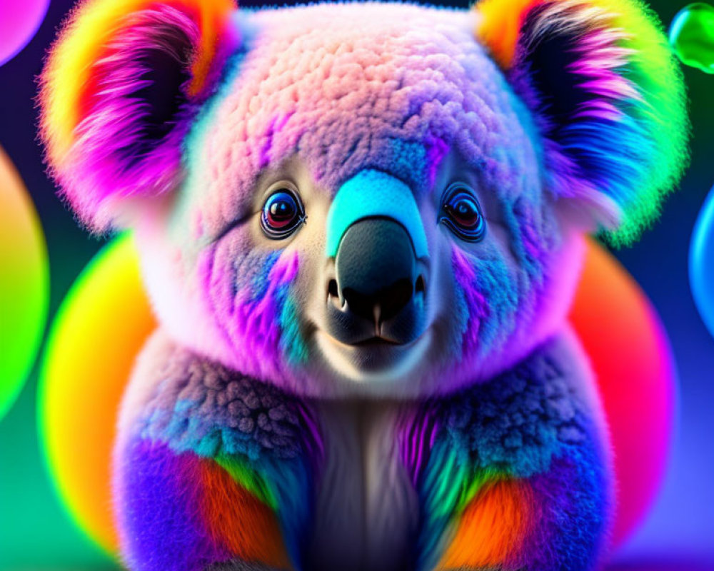 Colorful Koala with Multicolored Fur and Glowing Orbs Background