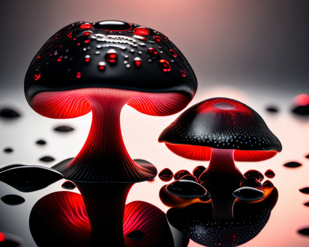 Stylized glossy mushrooms with reflective surfaces on red and black gradient background