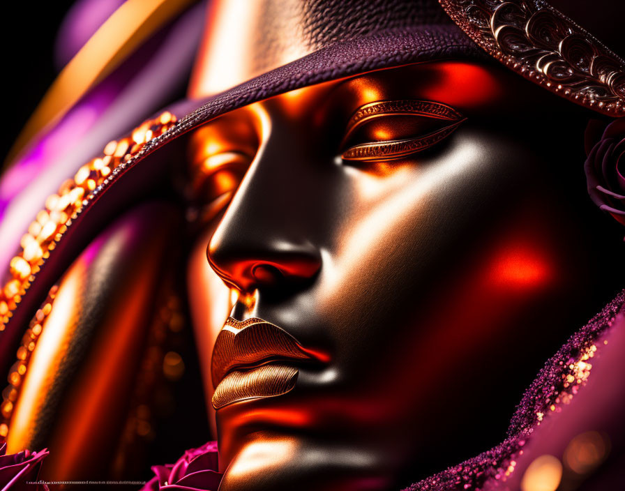 Detailed Metallic Golden Mask with Intricate Designs and Rich Purple Hues