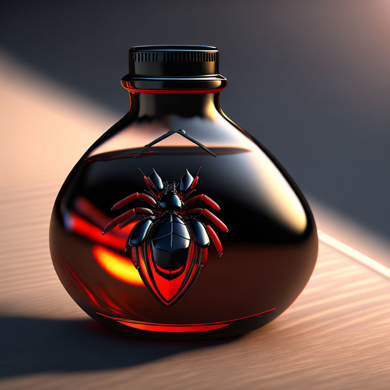 Black Ink Bottle with Red Spider Design on Gradient Background