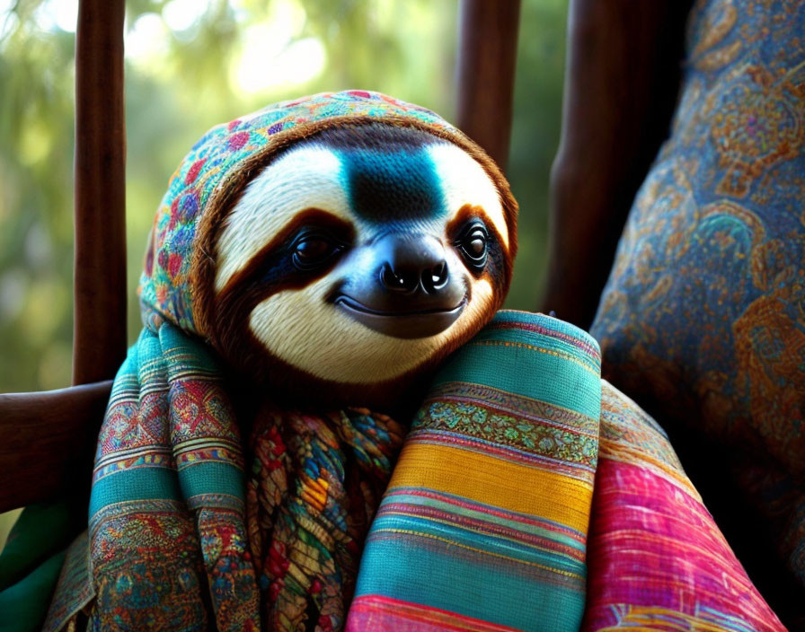 Colorful Sloth Peeking from Woven Fabrics