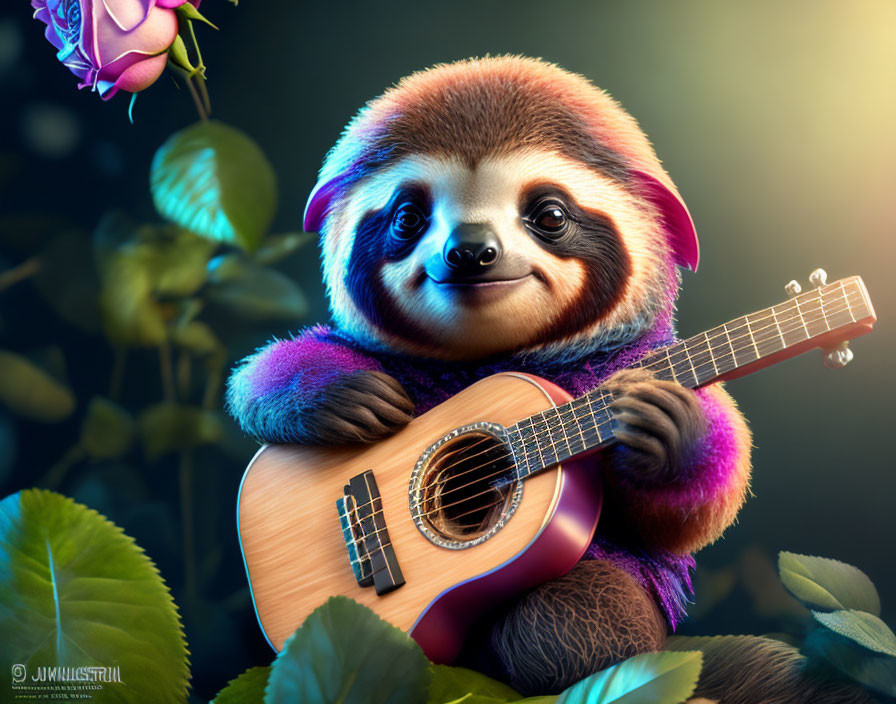 Smiling sloth playing guitar in enchanted forest scene