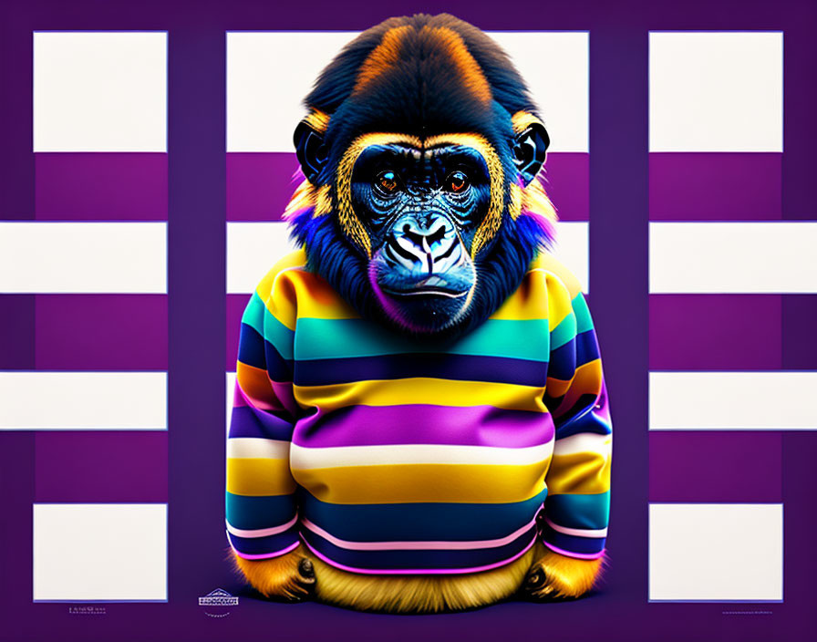 Chimpanzee with blue fur in colorful sweater on geometric background