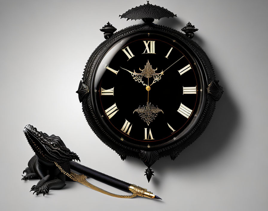 Black ornate clock with Roman numerals & gold hands, crocodile with gold pen on light background