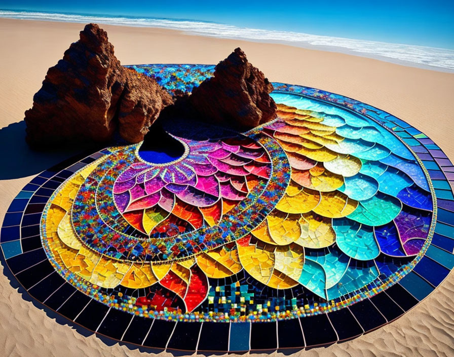 Colorful mosaic artwork of peacock feather pattern on sand under blue sky