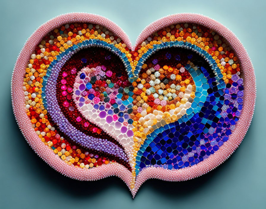 Colorful Heart-Shaped Bead Artwork in Pink, Orange, Blue, and Purple on Pale