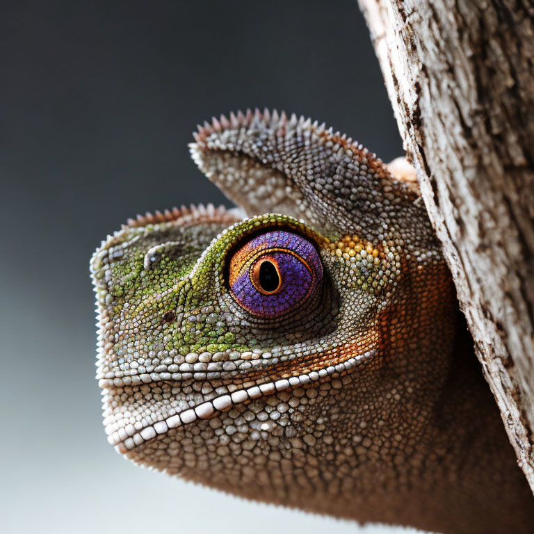 Detailed Close-Up of Vibrant Chameleon Peeking from Tree