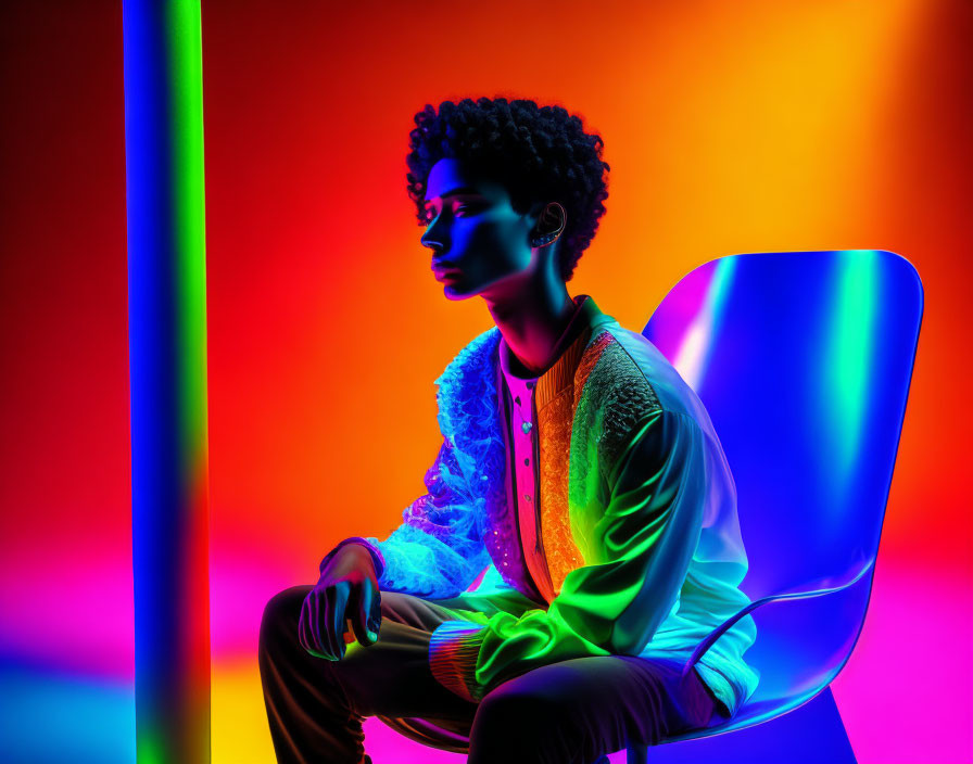 Profile of person in blue chair against vibrant backdrop with neon colors and textured clothing.