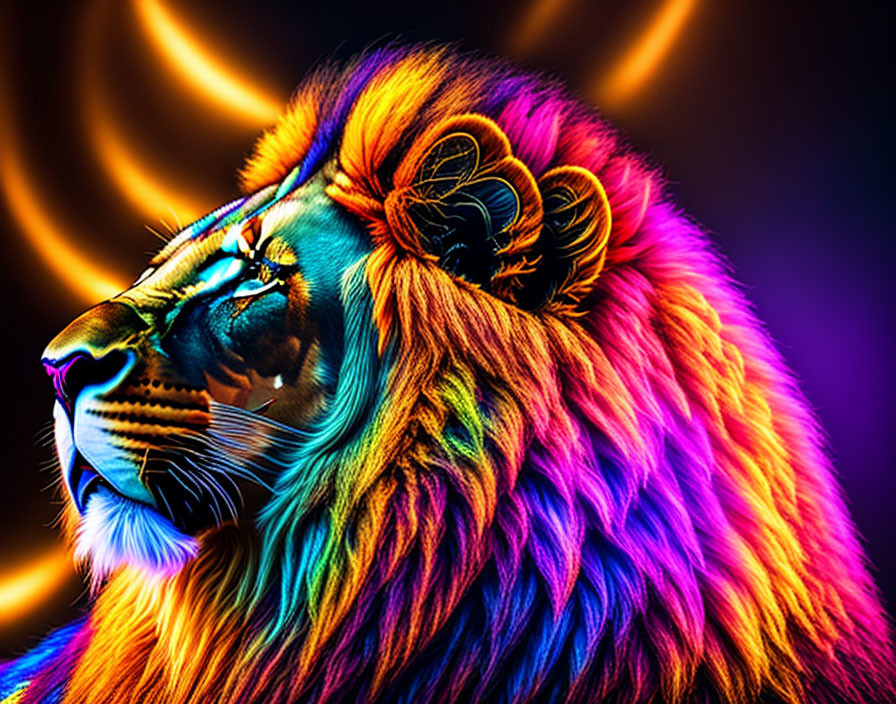 Vibrant lion profile with rainbow mane on swirling background