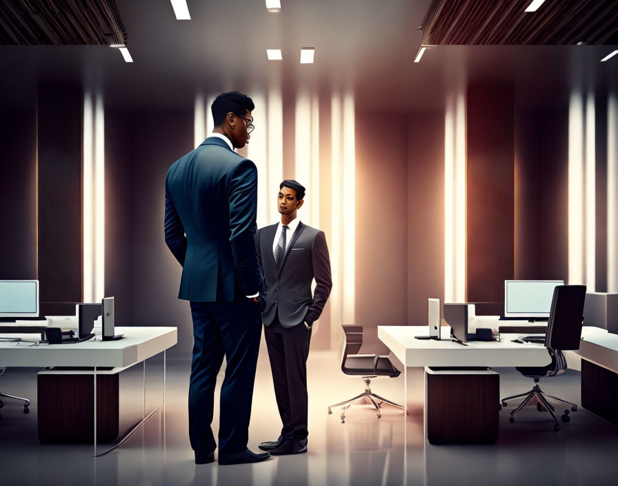 Tall and Short Businessmen in Modern Office Meeting