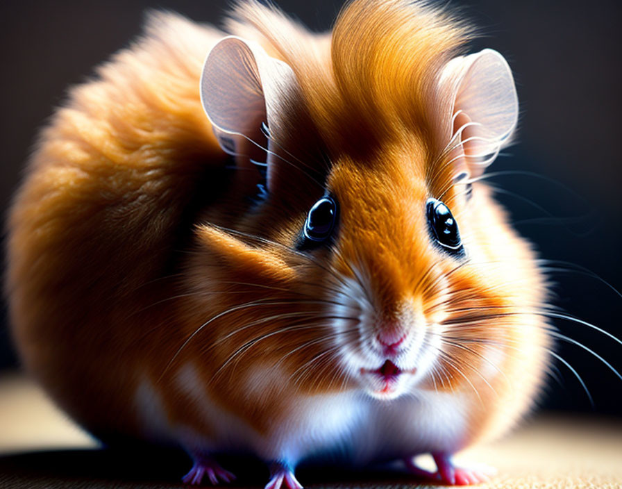 Fluffy Orange Hamster with Shiny Eyes and Translucent Ears on Dark Background