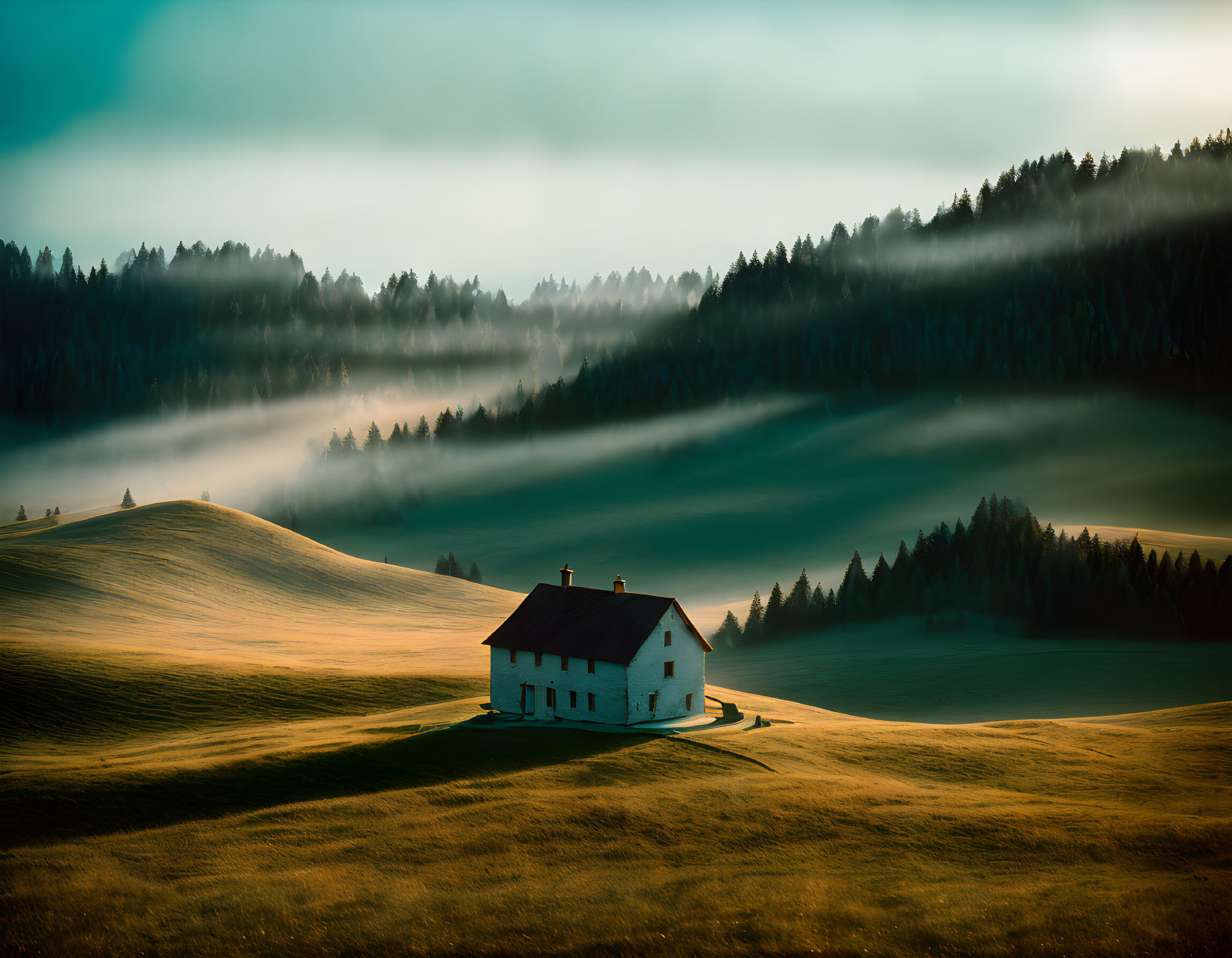 White House on Green Hill with Foggy Woods and Dramatic Sky