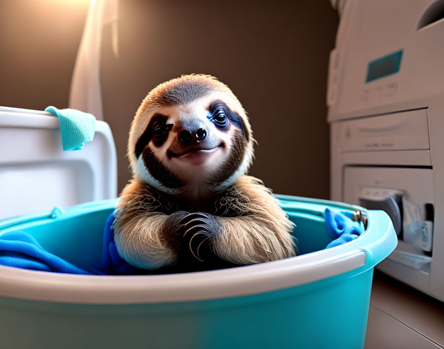 Sloth in blue laundry basket with clothes and washing machine