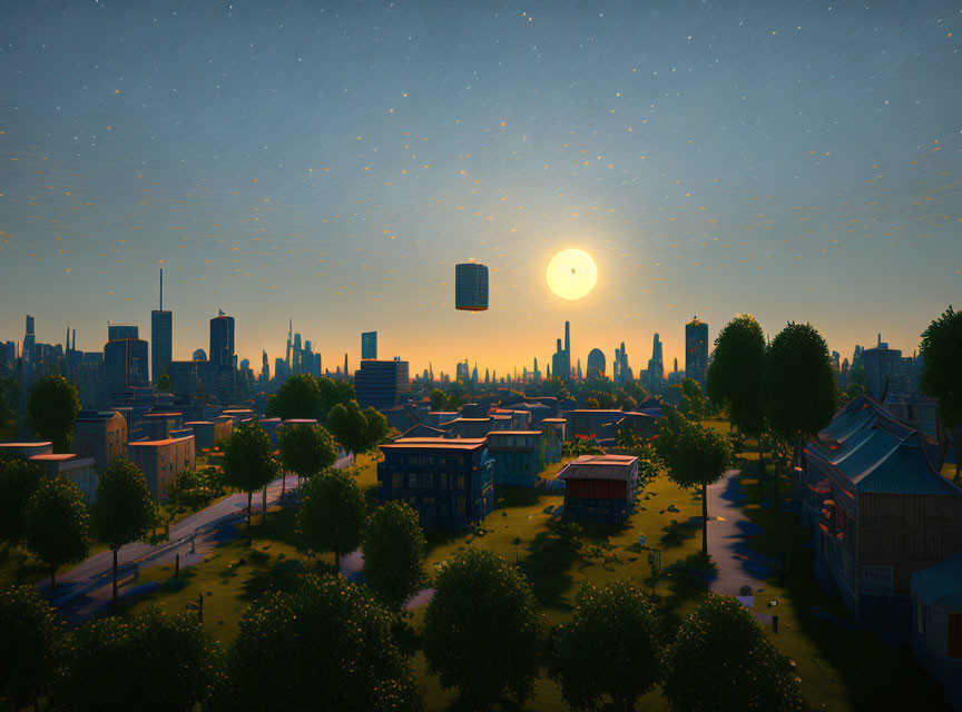 Modern city skyline at sunset with skyscraper silhouettes, glowing sun, and stars over urban park