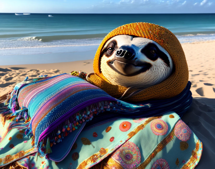 Chilled sloth in yellow beanie and scarf on beach with ocean view