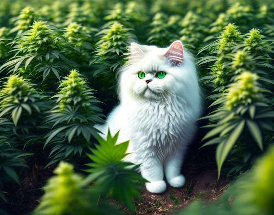 White Long-Haired Cat Among Green Cannabis Plants