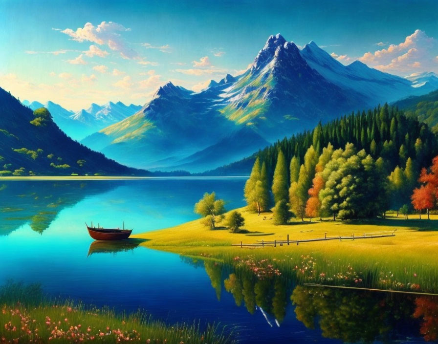 Serene landscape with snow-capped mountains, lake, forest, boat, blue sky