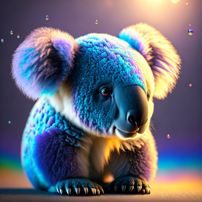 Colorful Koala Illustration with Neon Blue Fur and Shimmering Bubbles