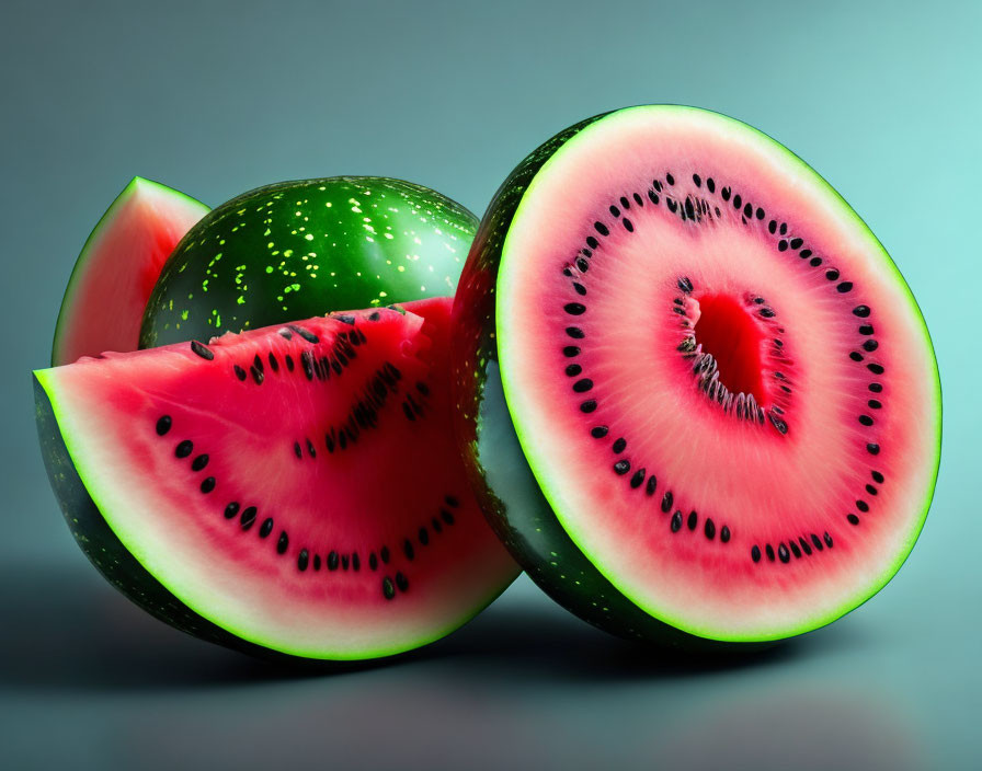 Ripe Watermelon Halves and Slice on Gradient Background