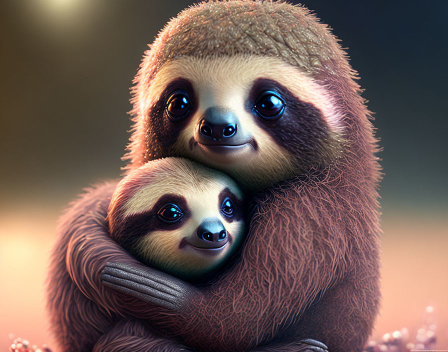 Stylized sloths embracing in warm background