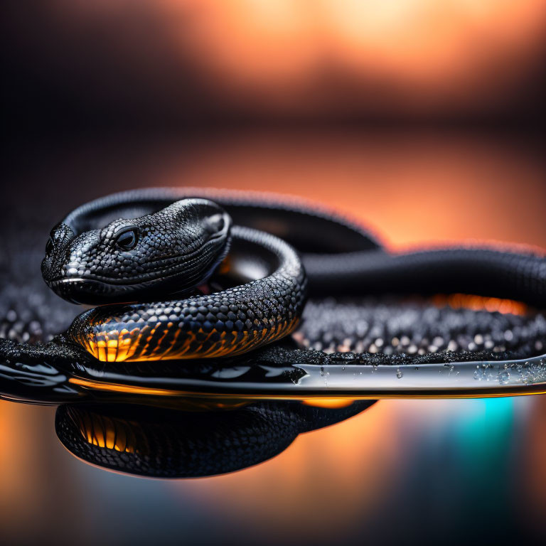 Black Snake with Orange Underside Coiling on Reflective Surface