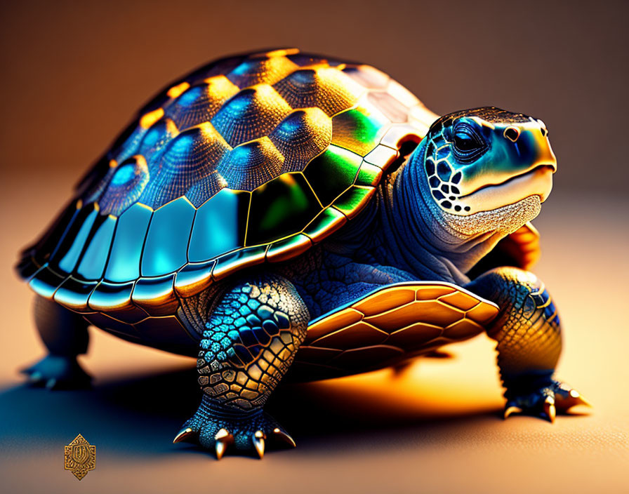 Vibrant digital art: Colorful turtle with blue and gold shell