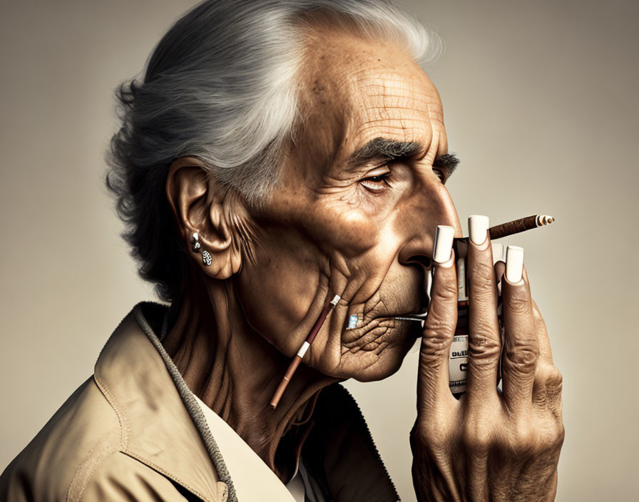 Elderly person with silver hair and wrinkles holding a cigarette