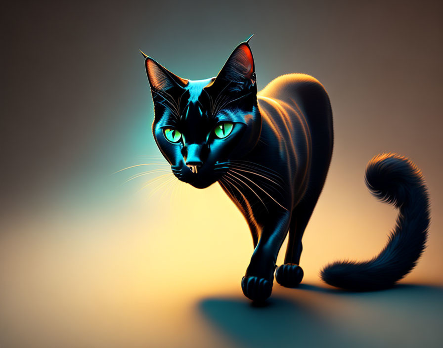 Digital artwork: Black cat with blue eyes on amber gradient.