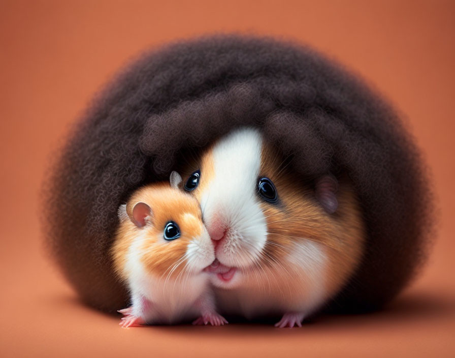 Fluffy Afro Wig Hamster Tilting Head on Orange Background