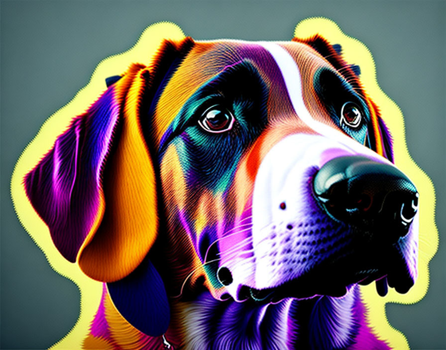 Vibrant digital dog art with neon outline on grey background