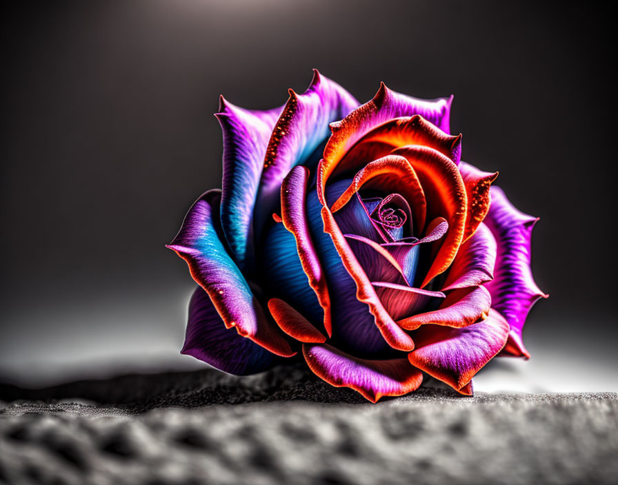 Multicolored rose with purple and orange hues on grey background