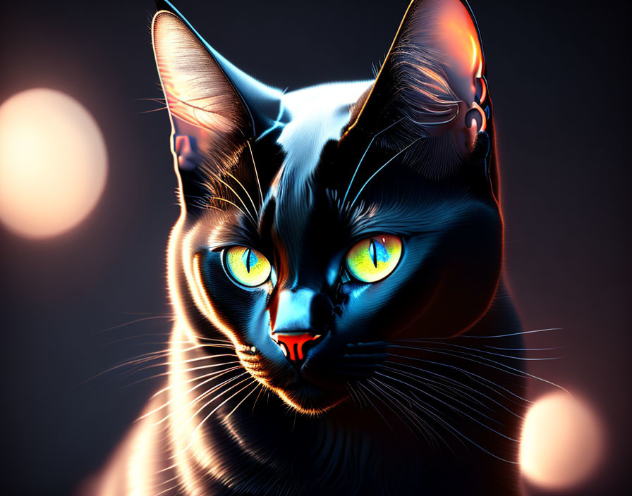 Stylized digital artwork of black cat with yellow eyes and blue highlights