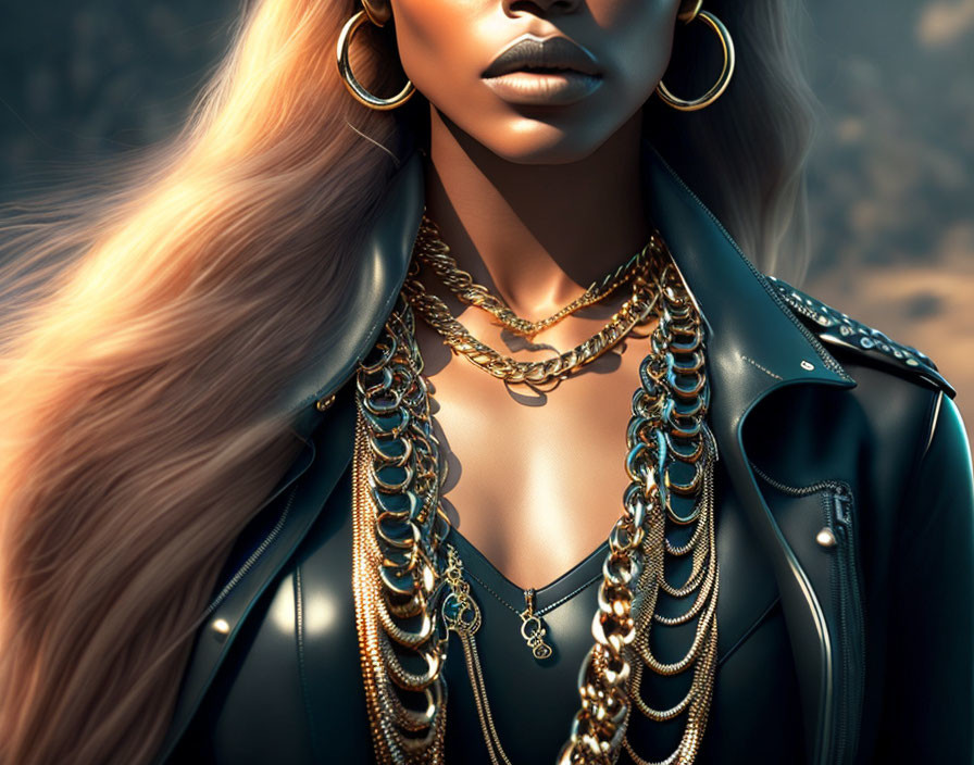 Blonde Woman in Leather Jacket with Gold Accessories