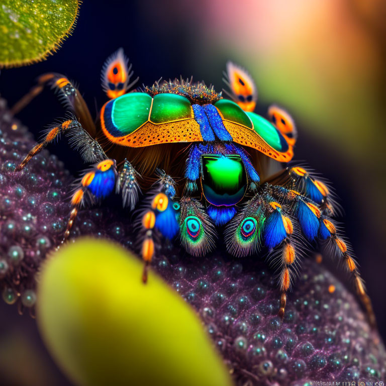 Colorful Peacock Spider with Spread Legs on Plant Surface