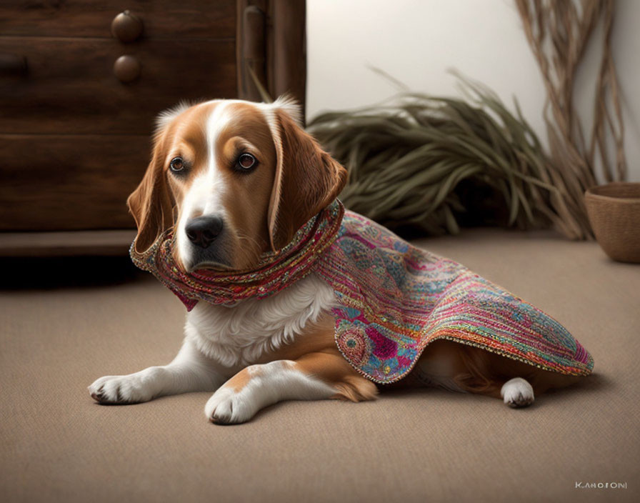 Contemplative dog lying on colorful shawl near wooden chest and plant