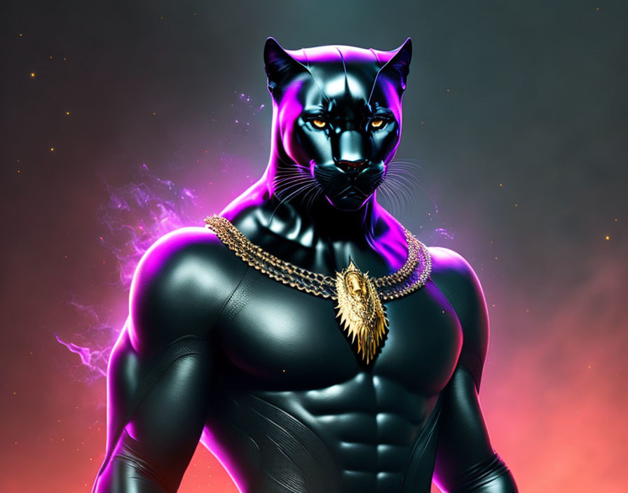 Stylized humanoid figure with black panther head in cosmic setting