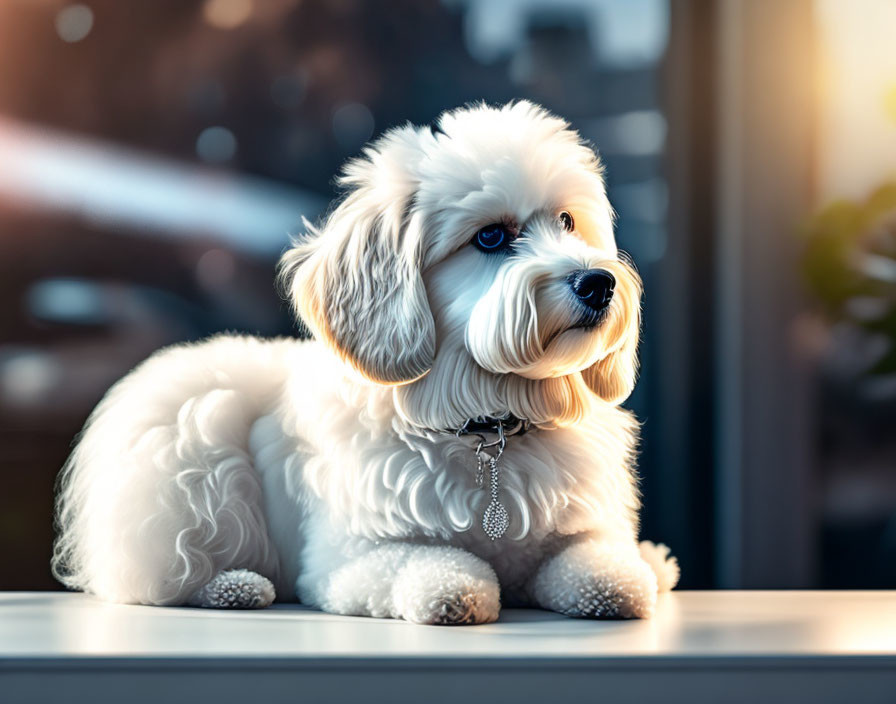 White fluffy dog with wavy fur and black nose sitting indoors