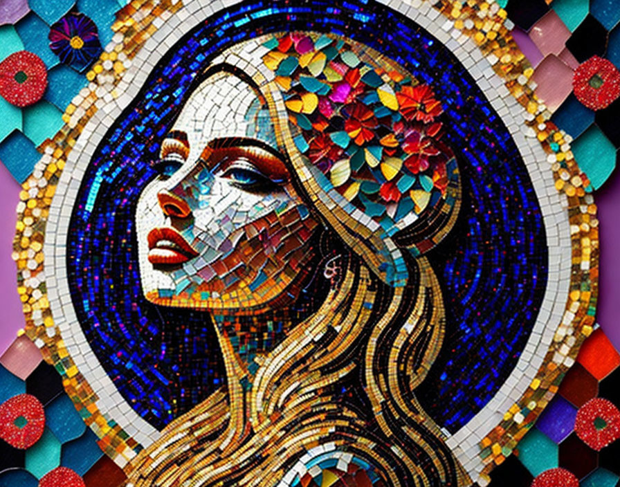 Colorful Mosaic Artwork of Woman with Floral & Geometric Patterns