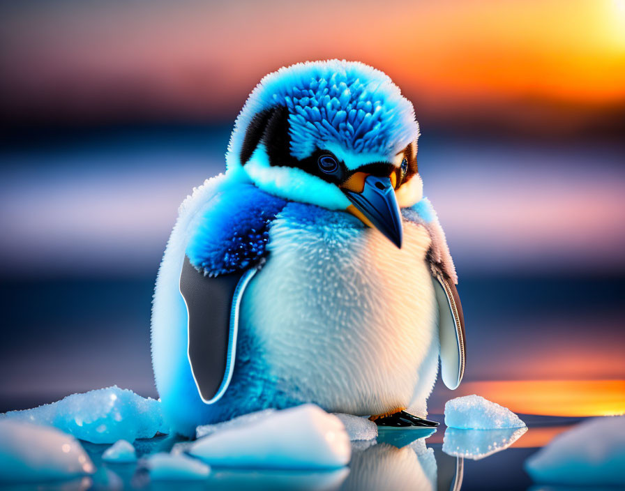 Blue penguin illustration with sorrowful expression on ice at sunset