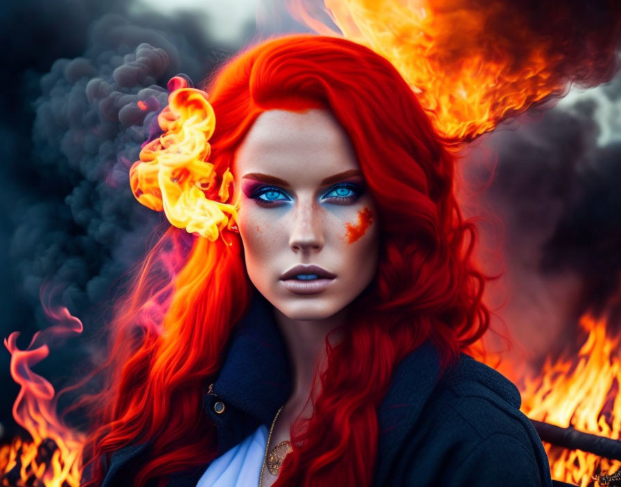 Digital Artwork: Woman with Red Hair, Blue Eyes, Flames, and Phoenix