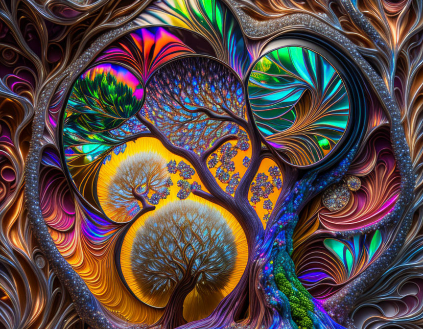 Colorful Fractal Art: Intertwined Trees and Swirl Patterns