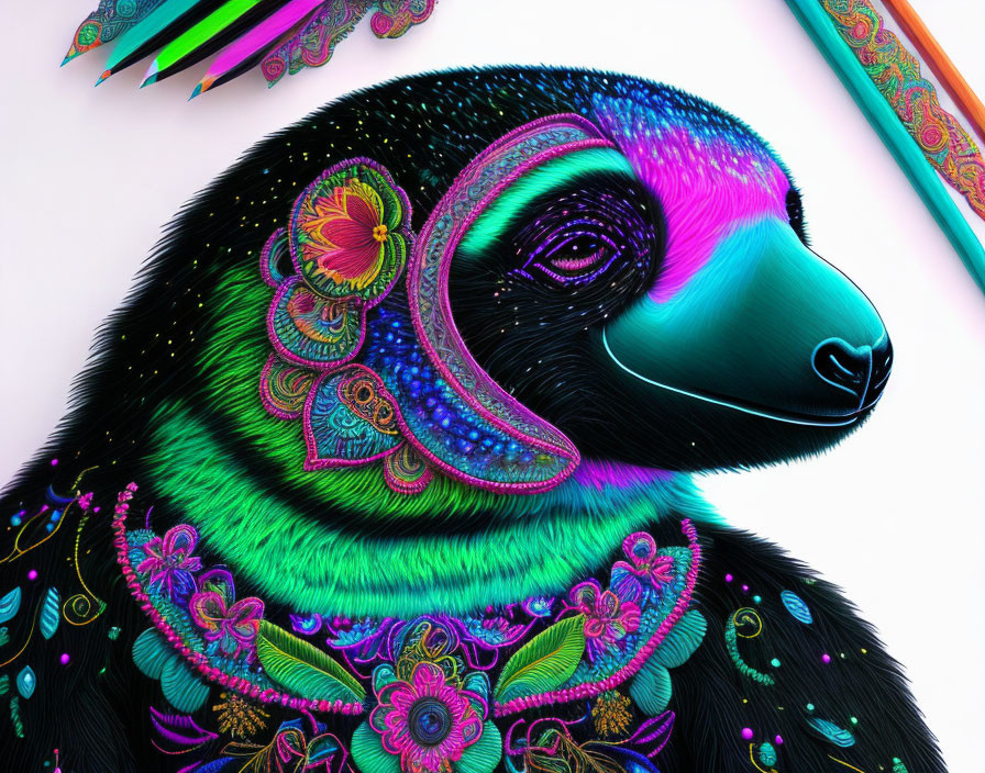 Colorful Neon Sloth Illustration with Paisley and Floral Designs