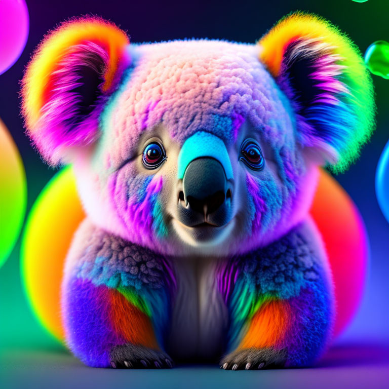 Colorful Koala with Multicolored Fur and Glowing Orbs Background