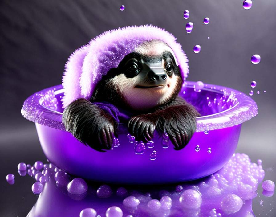 Sloth bathing in purple tub with vibrant splashes