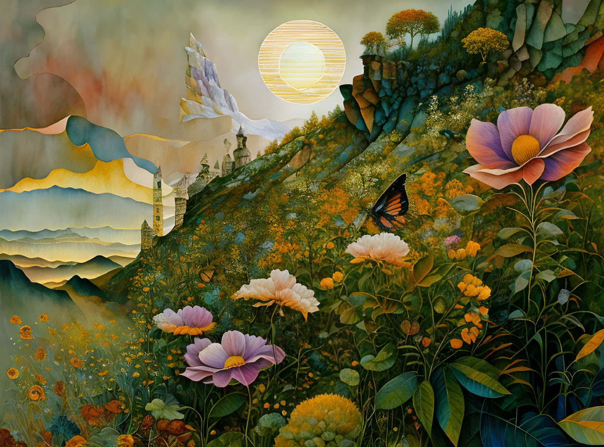 Surreal landscape with lush flowers, butterfly, and layered hills under golden sun