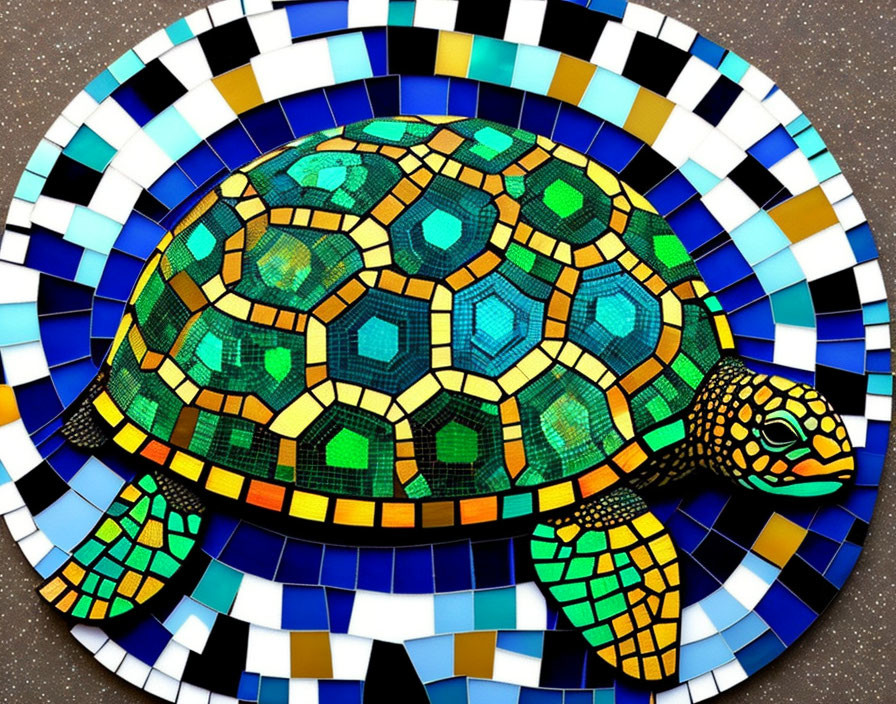 Vibrant turtle mosaic with geometric shell on speckled backdrop