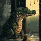 Detailed anthropomorphic alligator illustration by window with raindrops