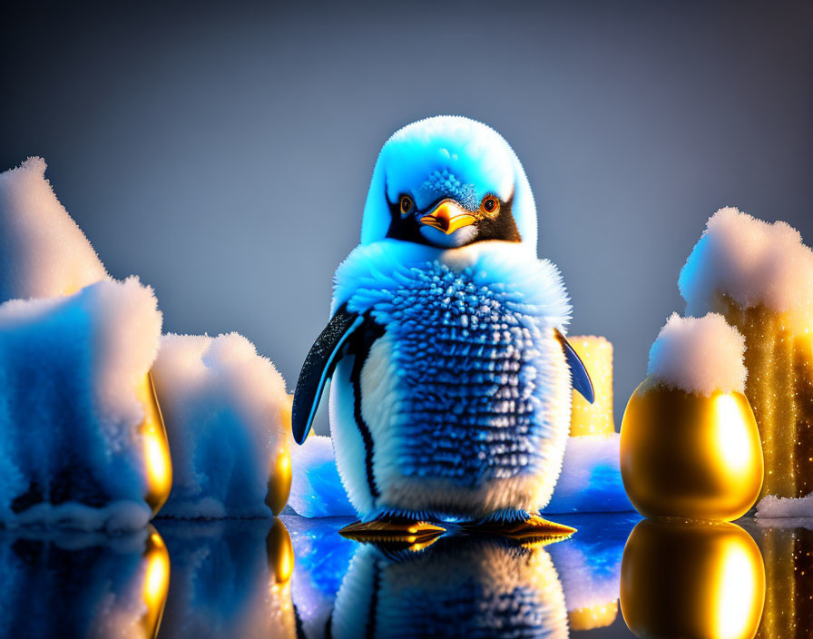 Stylized blue and white penguin with golden eggs on reflective surface